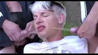 Footballers pound blond haired boy in the woods